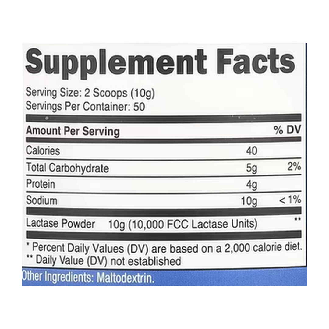 Nutricost, Lactase Powder, Unflavored, 1.1 lb, 500 g supplement facts label showing ingredients, vitamins, minerals, and serving information