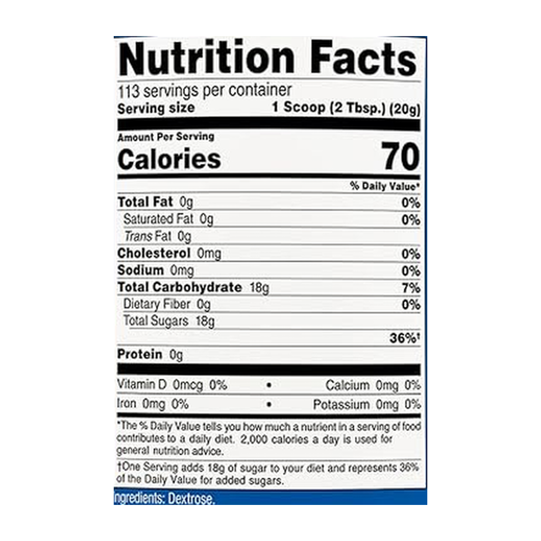 Nutricost, Dextrose, 5 lb, 2,268 g supplement facts label showing ingredients, vitamins, minerals, and serving information