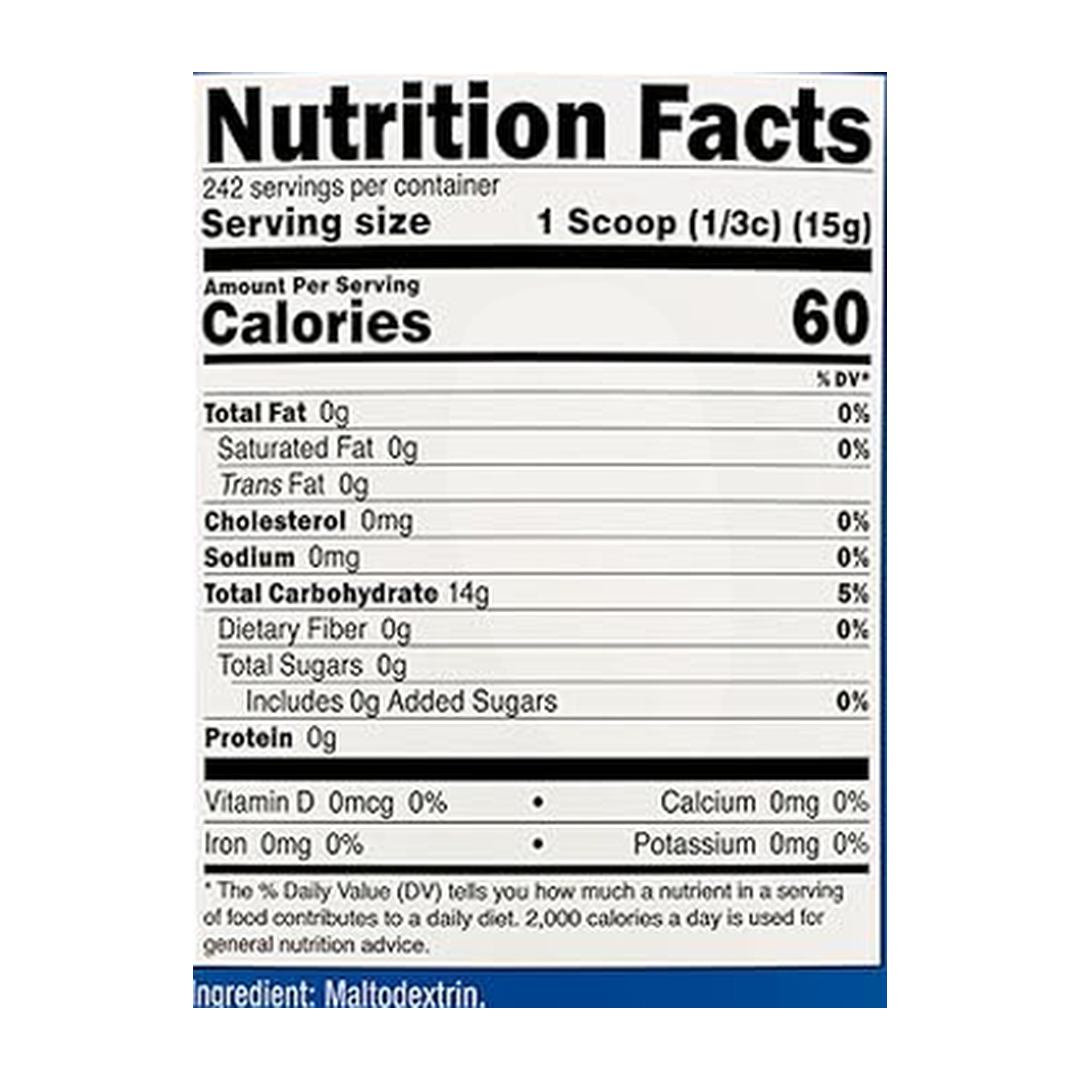 Nutricost, Maltodextrin, Unflavored, 8 lb supplement facts label showing ingredients, vitamins, minerals, and serving information