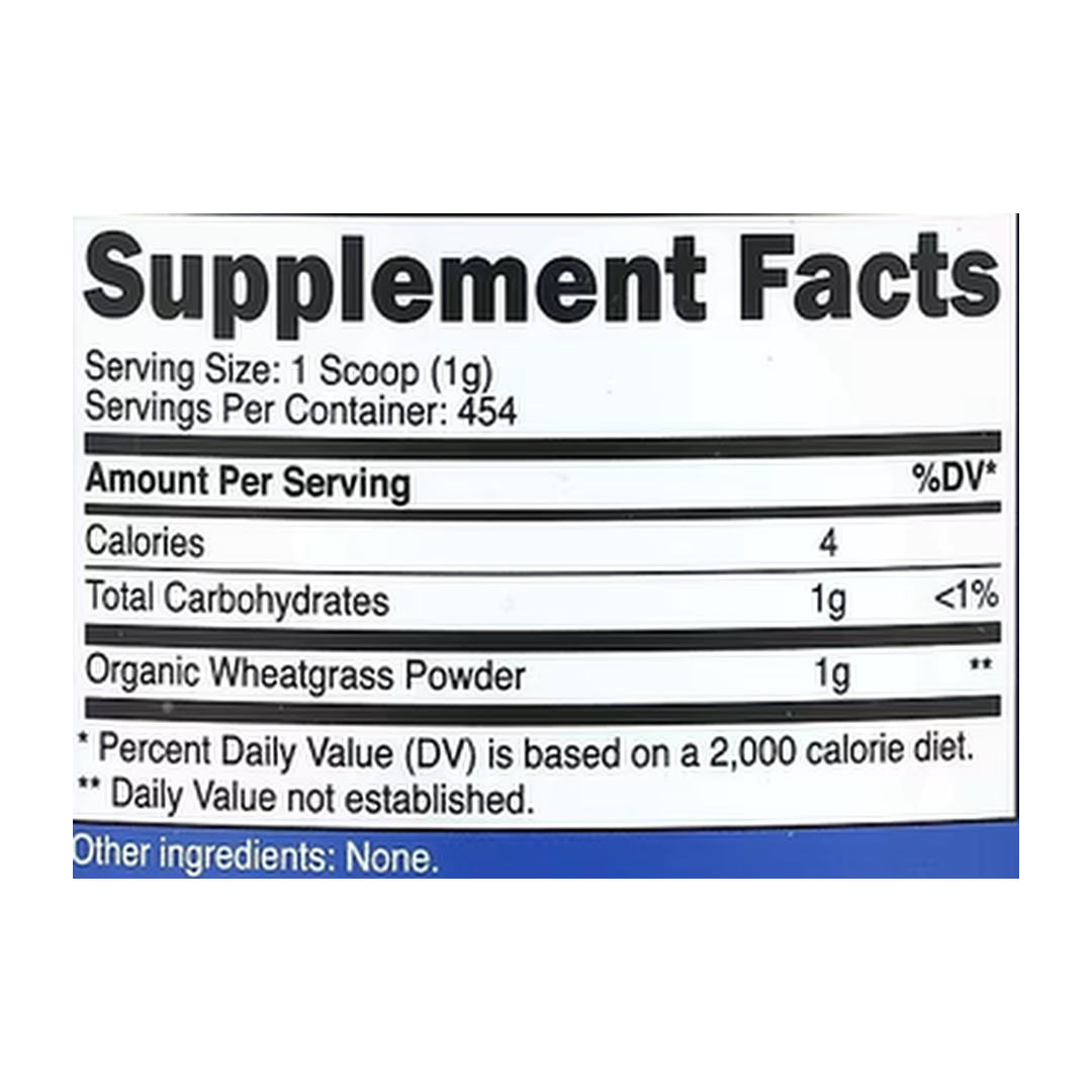 Nutricost, Organic Wheatgrass, Unflavored, 16 oz, 454 g supplement facts label showing ingredients, vitamins, minerals, and serving information