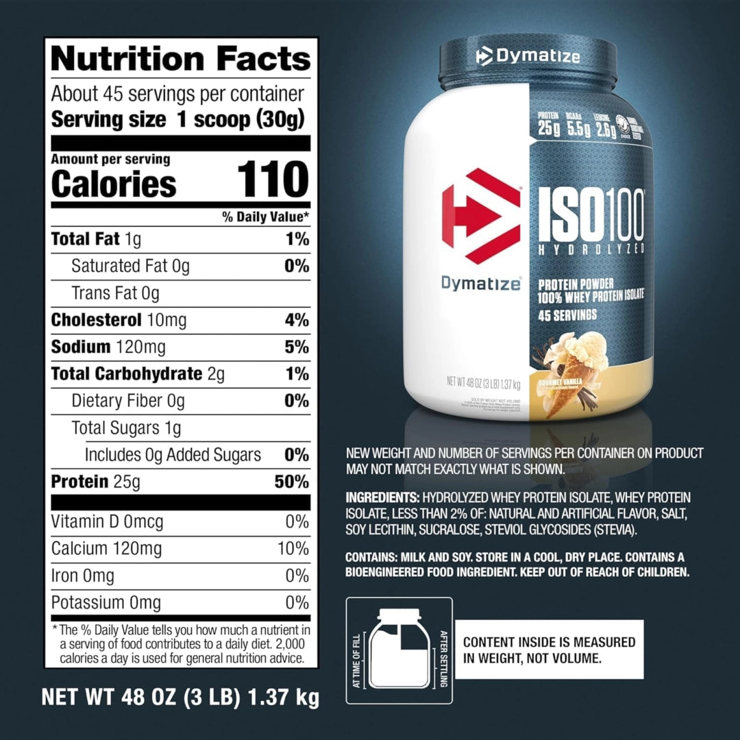 Dymatize, ISO100® Hydrolyzed, 100% Whey Protein Isolate, Gourmet Vanilla, 3 lb (1.37 kg)