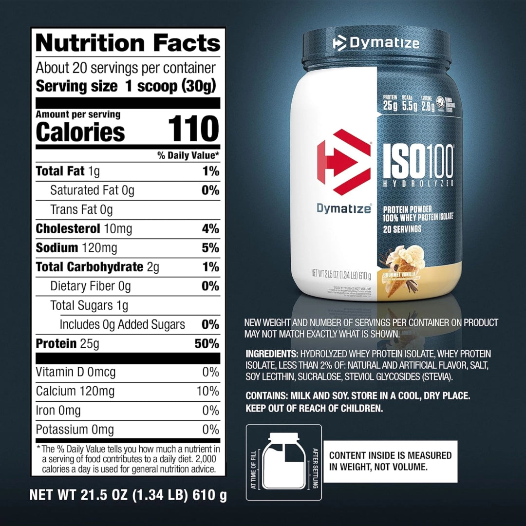Dymatize, ISO100® Hydrolyzed, 100% Whey Protein Isolate, Gourmet Vanilla, 1.34 lb (610 g)
