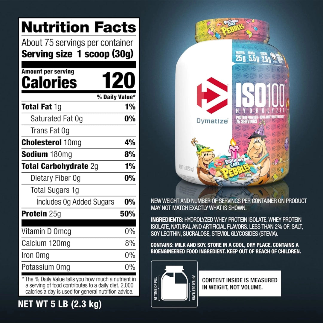 Dymatize, ISO100® Hydrolyzed, 100% Whey Protein Isolate, Birthday Cake Pebbles, 5 lb (2.3 kg)