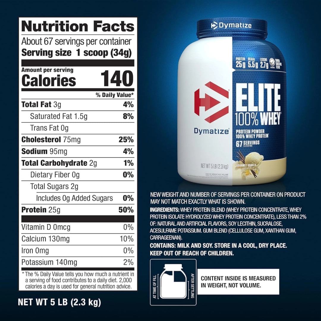 Dymatize, Elite 100% Whey Protein Powder, Gourmet Vanilla, 5 lbs (2.3 kg)