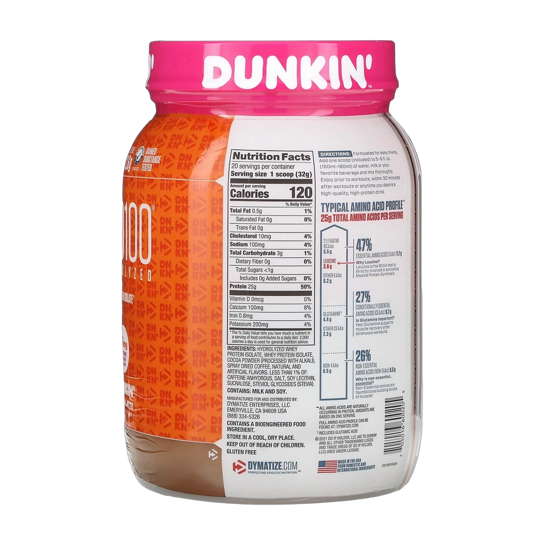 Dymatize, ISO100® Hydrolyzed, 100% Whey Protein Isolate, Dunkin’ Mocha Latte, 1.4 lb (650 g)