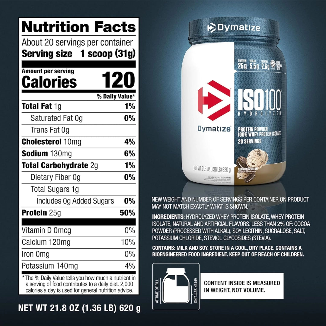 Dymatize, ISO100® Hydrolyzed, 100% Whey Protein Isolate, Cookies & Cream, 1.36 lb (620 g)
