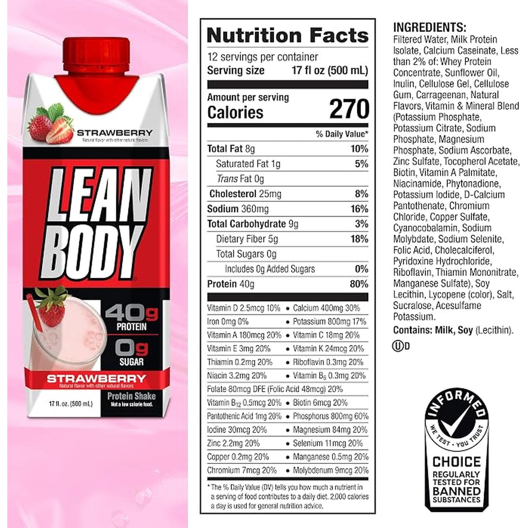 Labrada Nutrition, Lean Body Ready-to-Drink, Strawberry Protein Shake, 17 fl oz