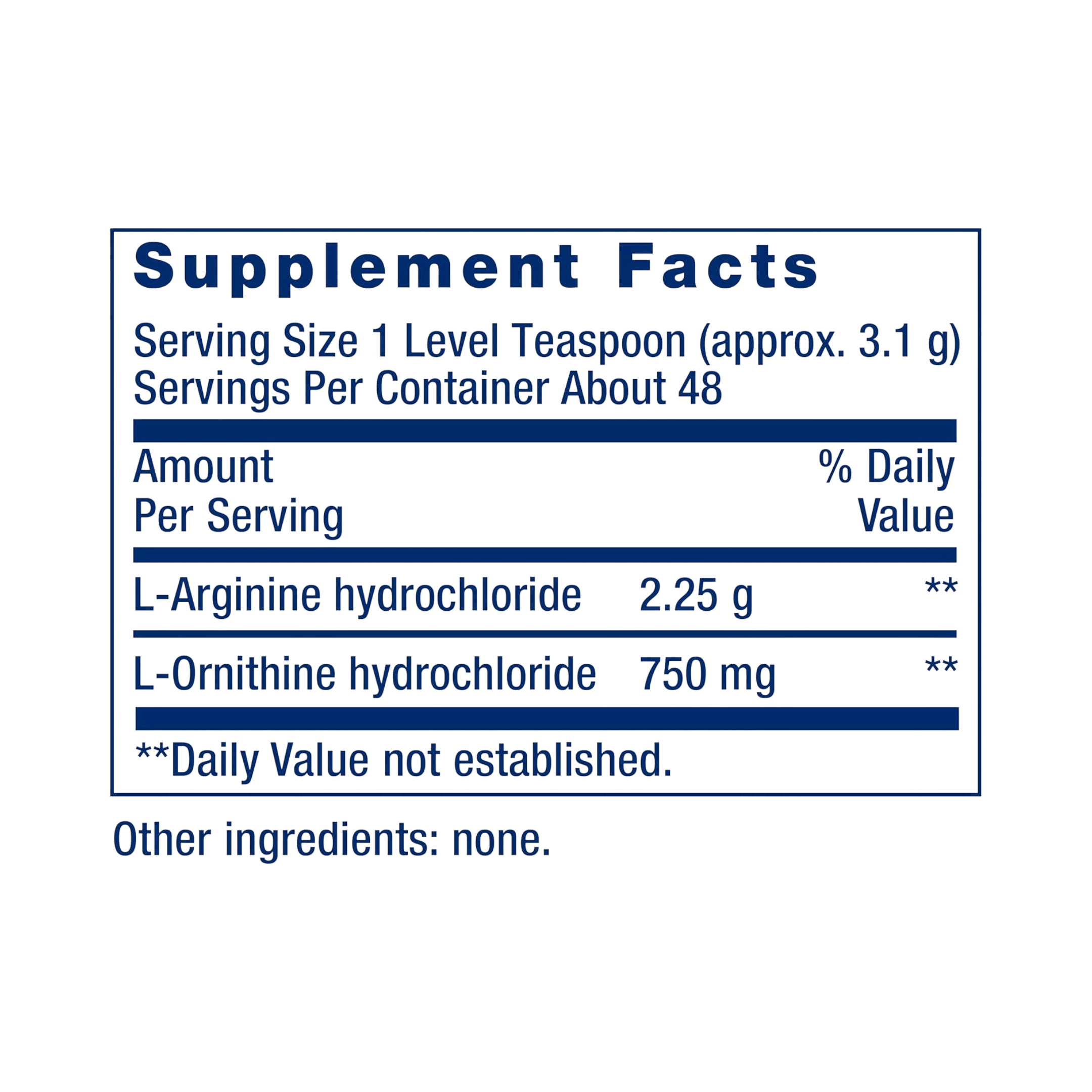 Life Extension, Arginine Ornithine Powder, 5.29 oz supplement facts label showing ingredients, vitamins, minerals, and serving information