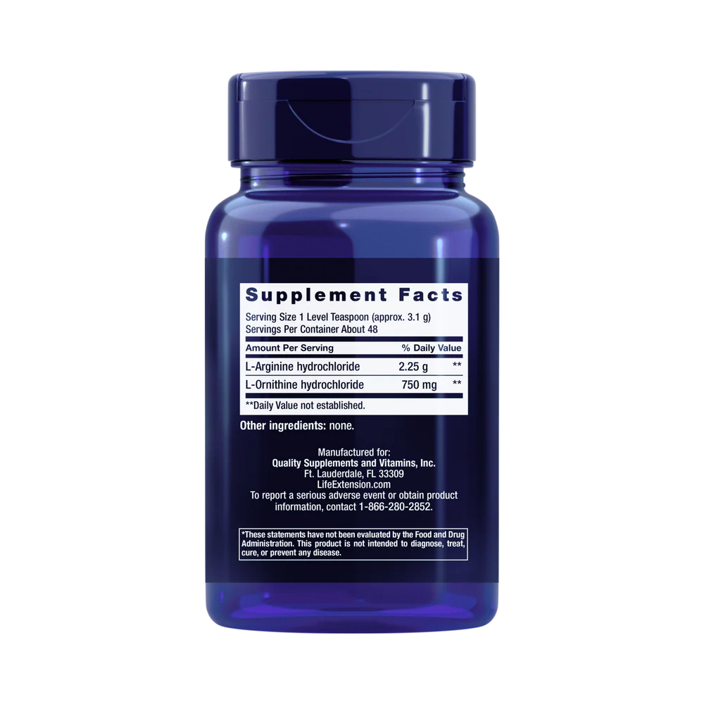 Life Extension, Arginine Ornithine Powder, 5.29 oz back packaging view