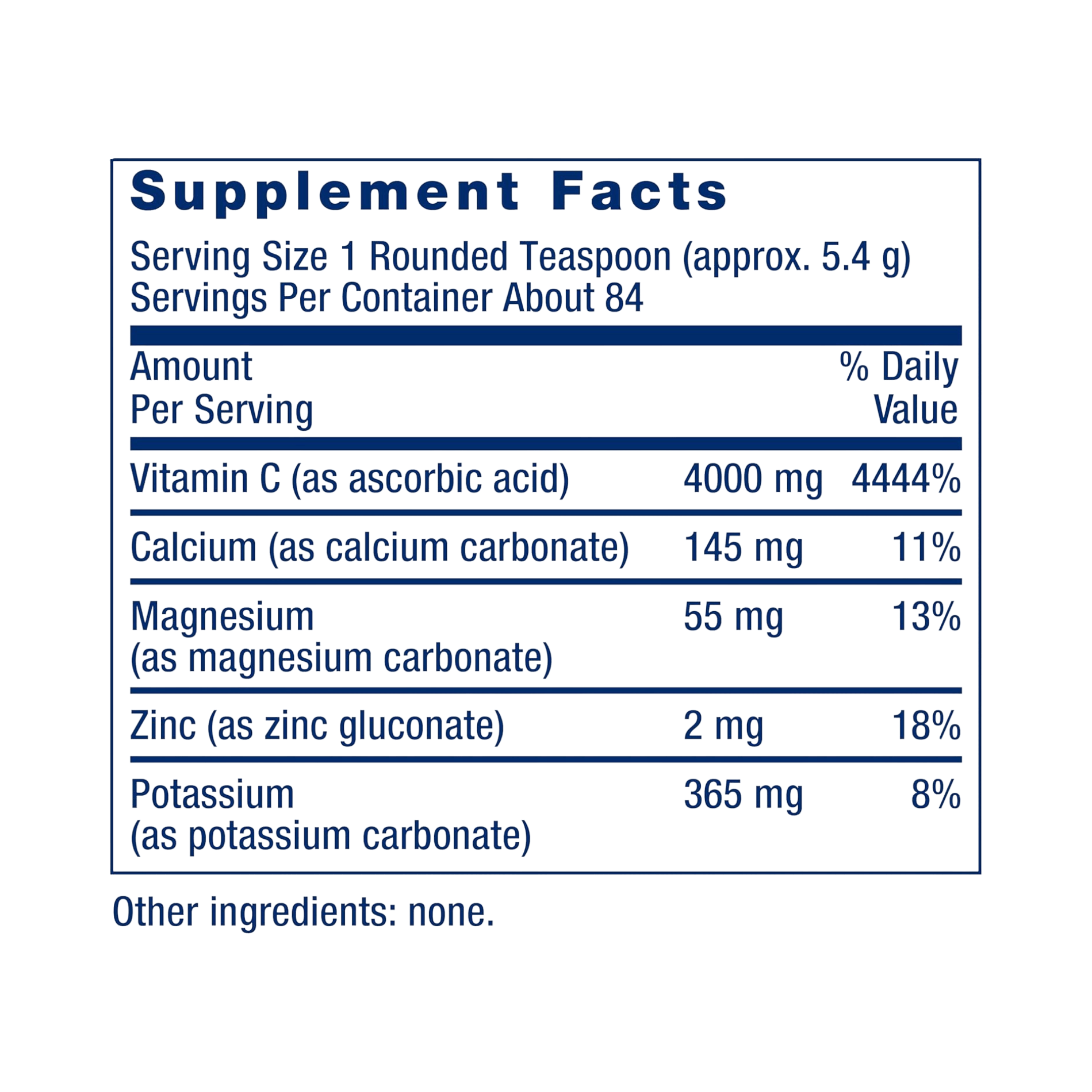 Life Extension, Buffered Vitamin C Powder, 1 lb supplement facts label showing ingredients, vitamins, minerals, and serving information