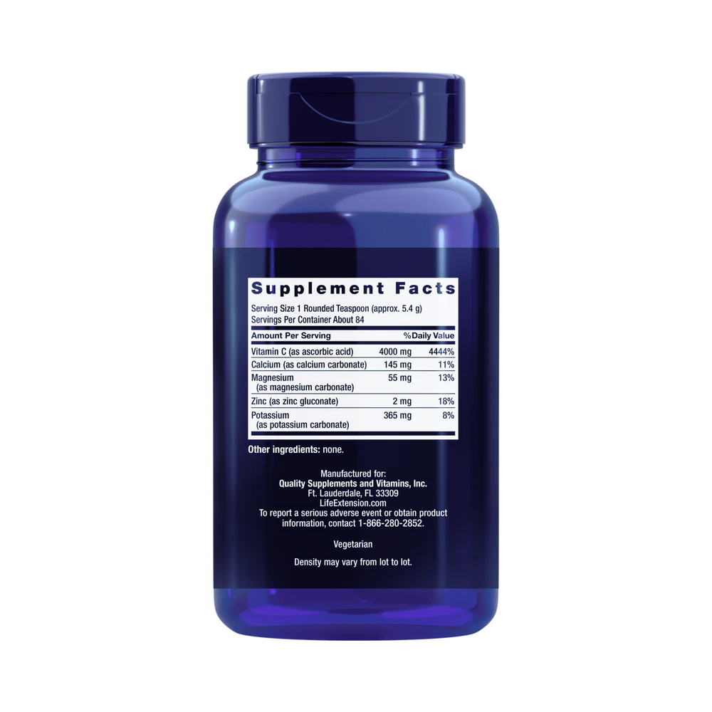 Life Extension, Buffered Vitamin C Powder, 1 lb back packaging view