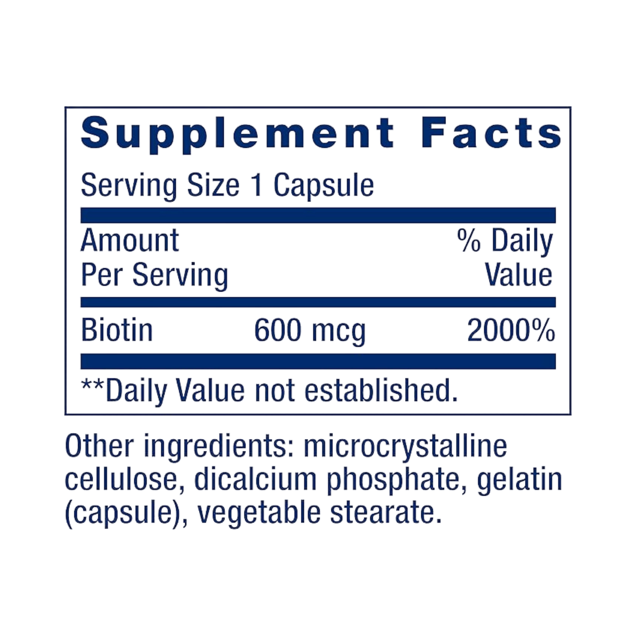 Life Extension, Biotin, 600 mcg, 100 Capsules supplement facts label showing ingredients, vitamins, minerals, and serving information