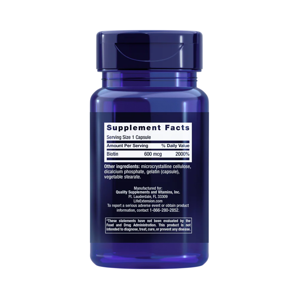 Life Extension, Biotin, 600 mcg, 100 Capsules back packaging view