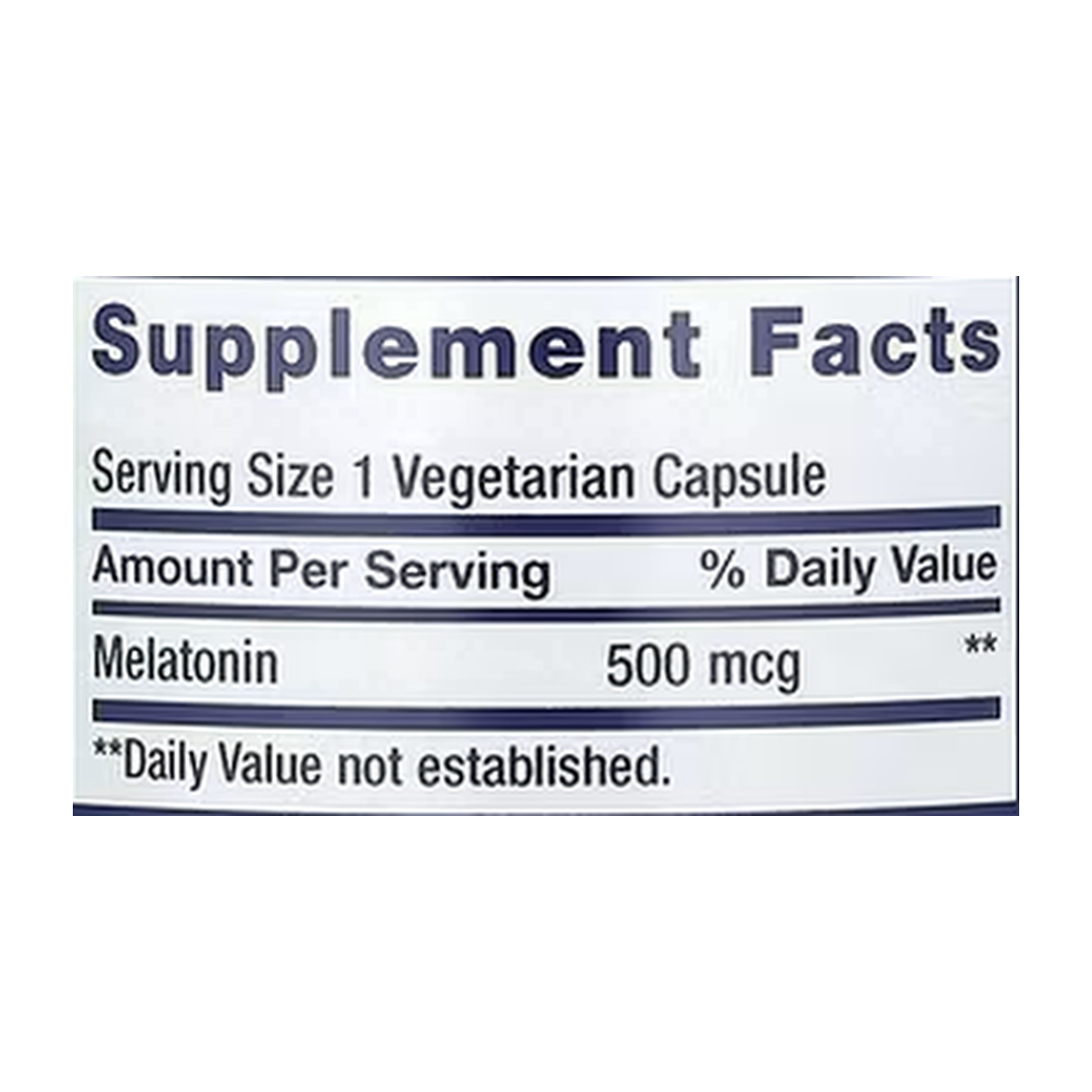 Life Extension, Melatonin, 500 mcg, 200 Vegetarian Capsules supplement facts label showing ingredients, vitamins, minerals, and serving information