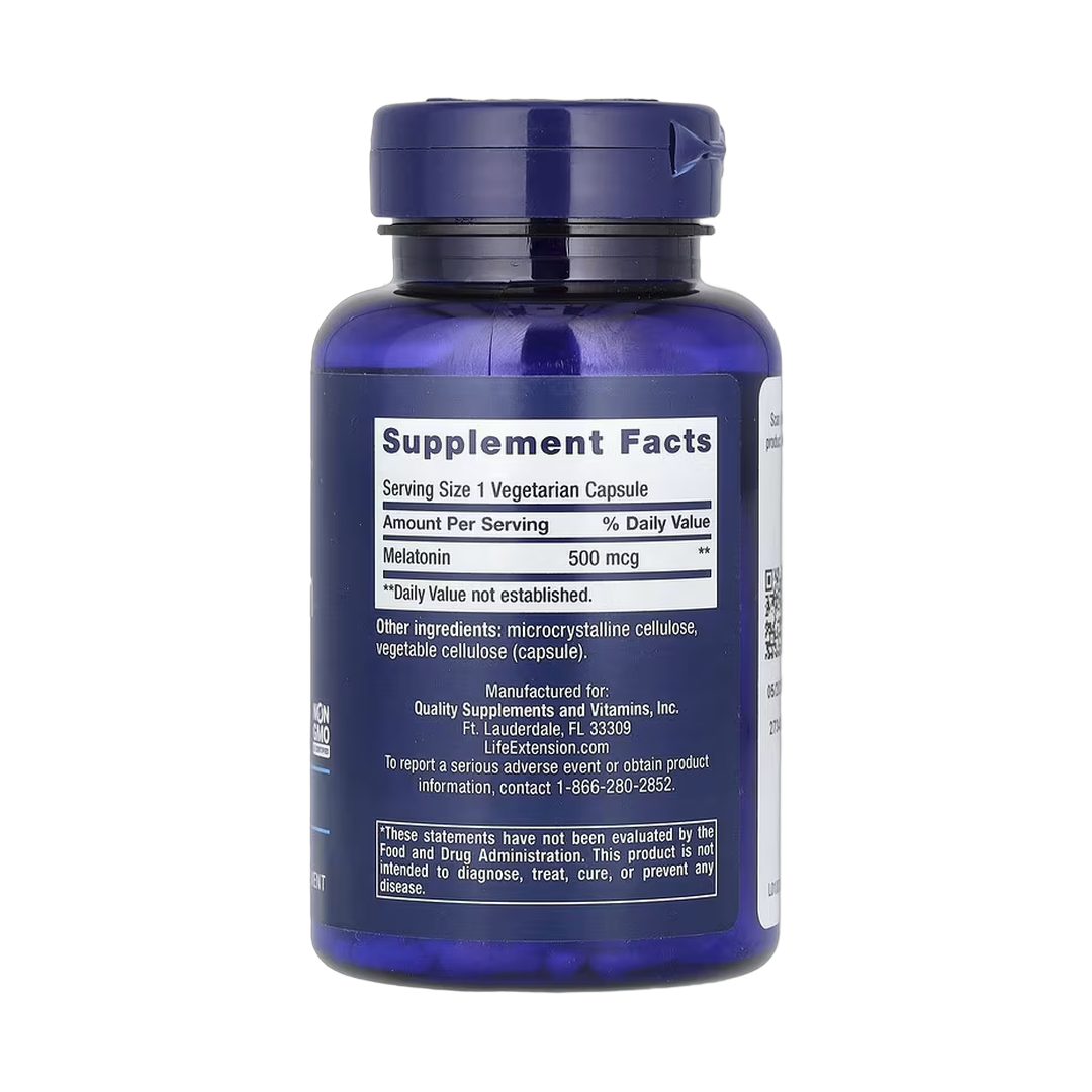 Life Extension, Melatonin, 500 mcg, 200 Vegetarian Capsules back packaging view