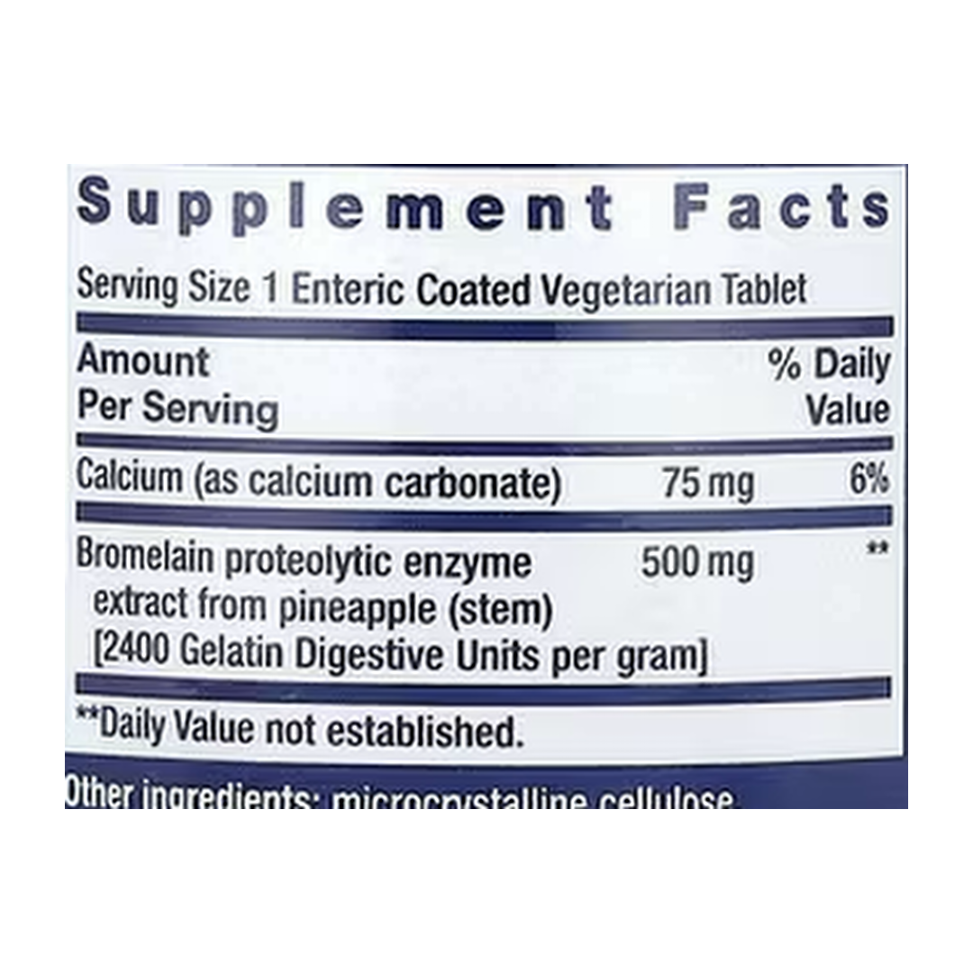 Life Extension, Specially-Coated Bromelain, 60 Enteric Coated Vegetarian Tablets supplement facts label showing ingredients, vitamins, minerals, and serving information