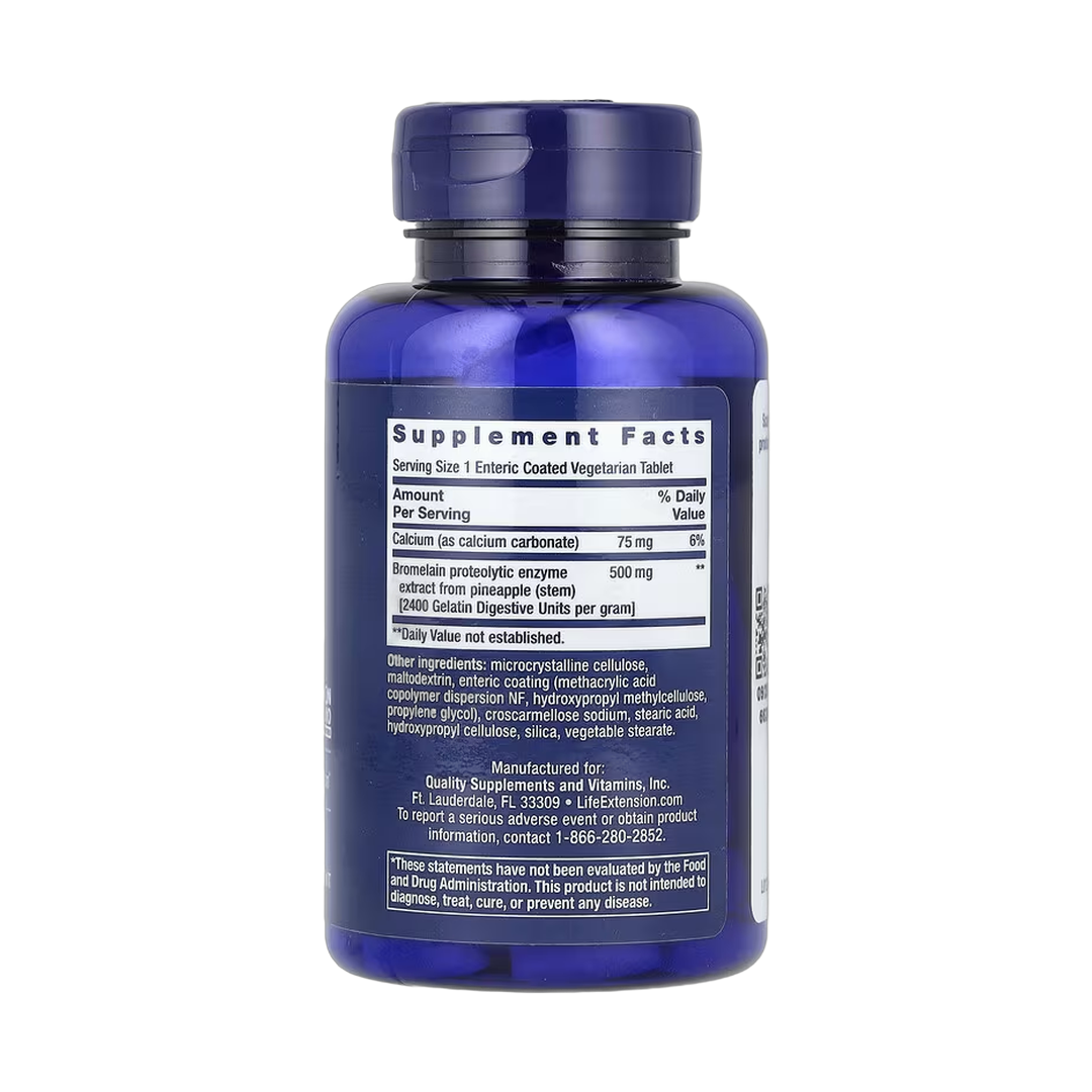 Life Extension, Specially-Coated Bromelain, 60 Enteric Coated Vegetarian Tablets back packaging view