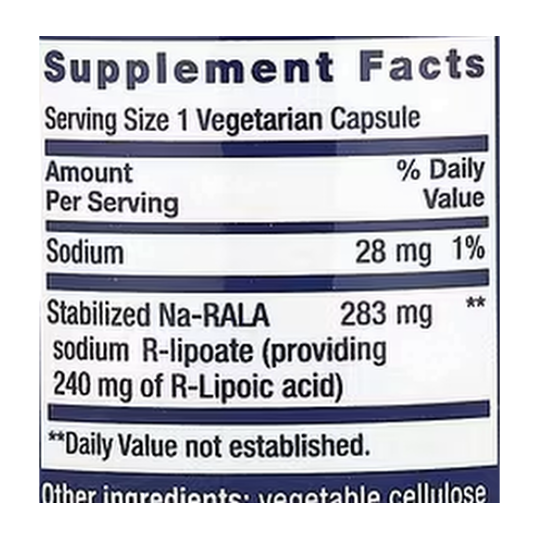Life Extension, Super R-Lipoic Acid, 60 Vegetarian Capsules supplement facts label showing ingredients, vitamins, minerals, and serving information