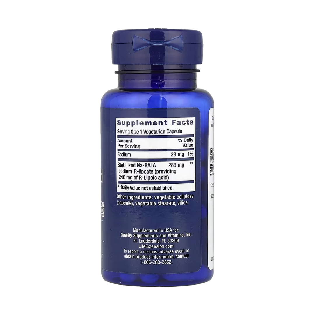 Life Extension, Super R-Lipoic Acid, 60 Vegetarian Capsules back packaging view