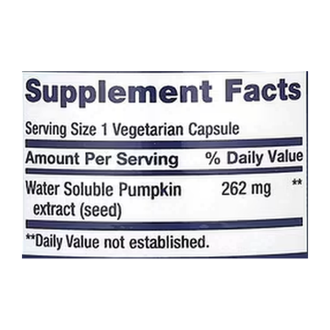 Life Extension, Water-Soluble Pumpkin Seed Extract, 60 Vegetarian Capsules supplement facts label showing ingredients, vitamins, minerals, and serving information