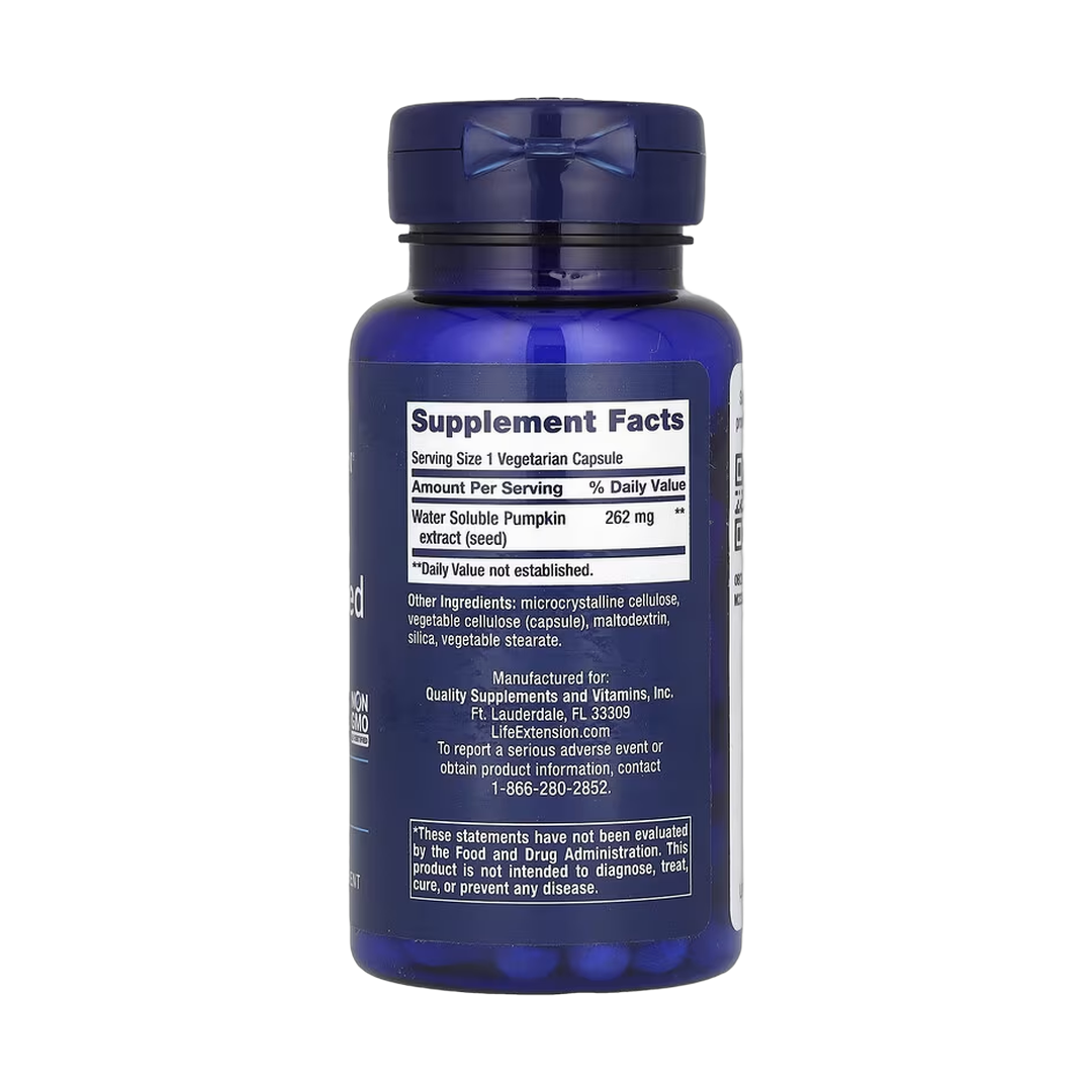 Life Extension, Water-Soluble Pumpkin Seed Extract, 60 Vegetarian Capsules back packaging view