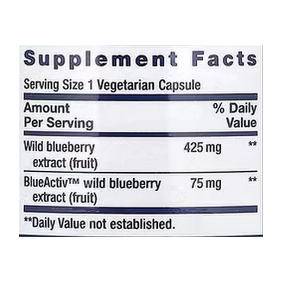 Life Extension, Blueberry Extract Capsules, 60 Vegetarian Capsules supplement facts label showing ingredients, vitamins, minerals, and serving information