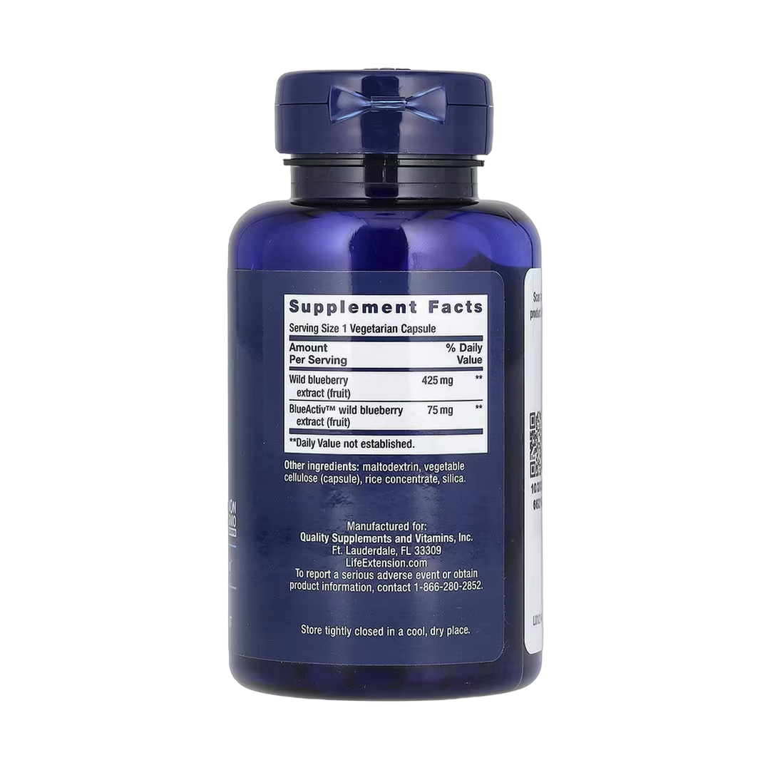 Life Extension, Blueberry Extract Capsules, 60 Vegetarian Capsules back packaging view
