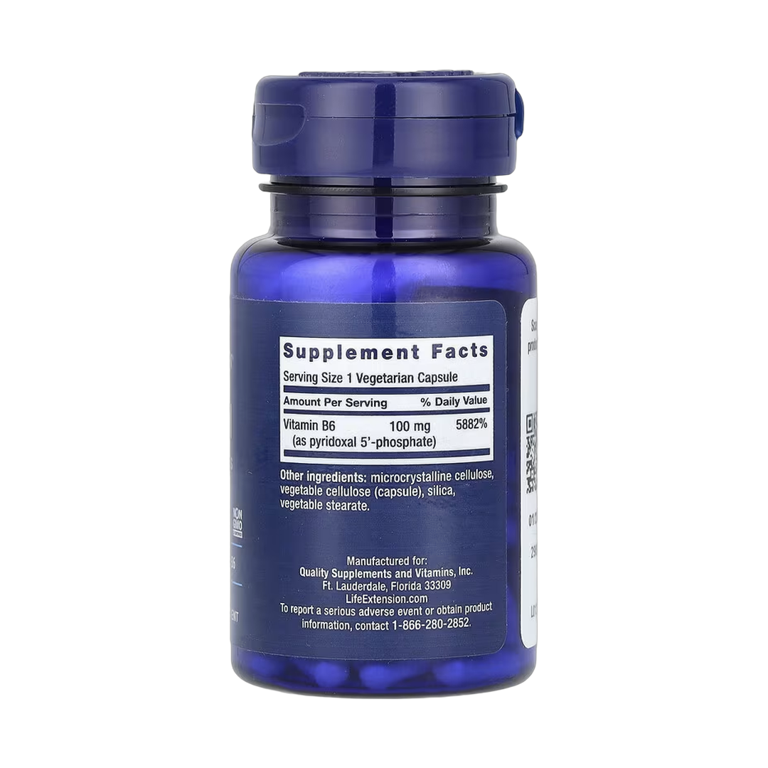 Life Extension, Pyridoxal 5'-Phosphate Caps, 100 mg, 60 Vegetarian Capsules back packaging view