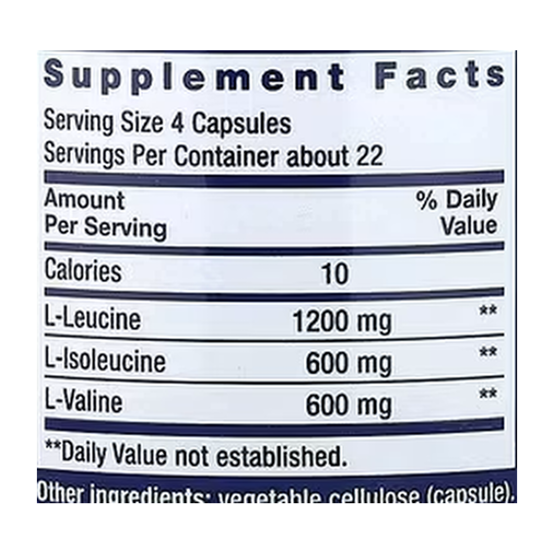 Life Extension, Branched Chain Amino Acids, Free Form, 90 Capsules supplement facts label showing ingredients, vitamins, minerals, and serving information