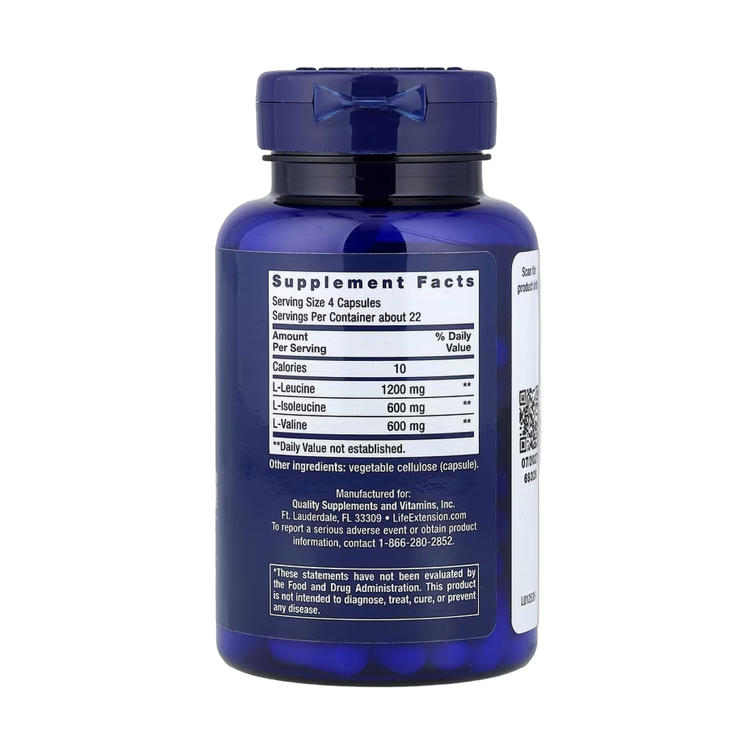 Life Extension, Branched Chain Amino Acids, Free Form, 90 Capsules back packaging view