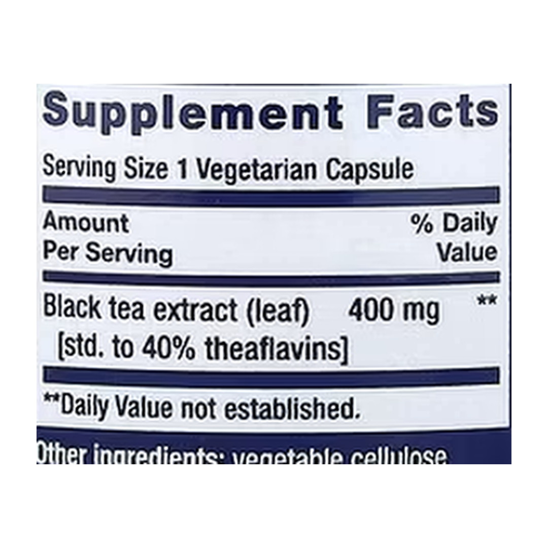 Life Extension, Theaflavin, Standardized Black Tea Extract, 30 Vegetarian Capsules supplement facts label showing ingredients, vitamins, minerals, and serving information