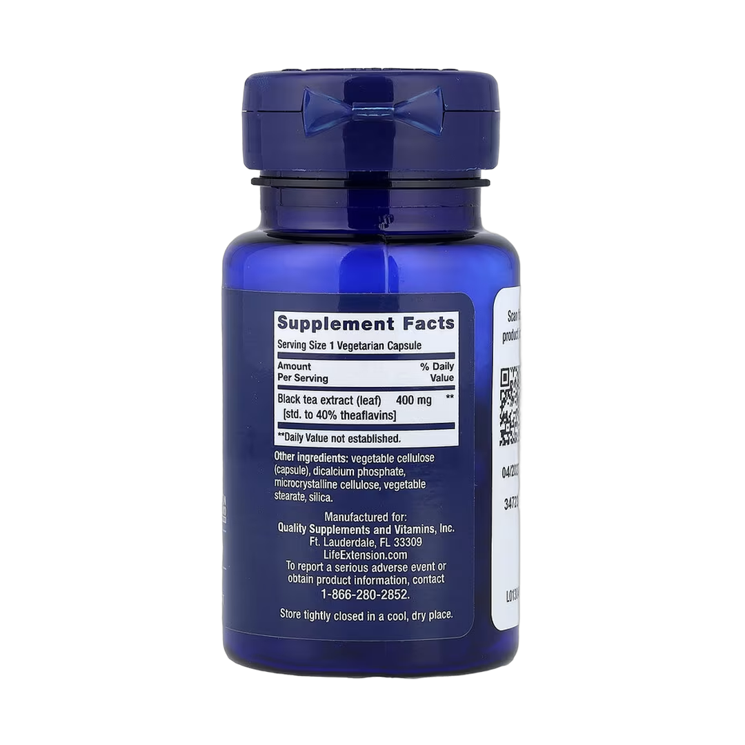 Life Extension, Theaflavin, Standardized Black Tea Extract, 30 Vegetarian Capsules back packaging view