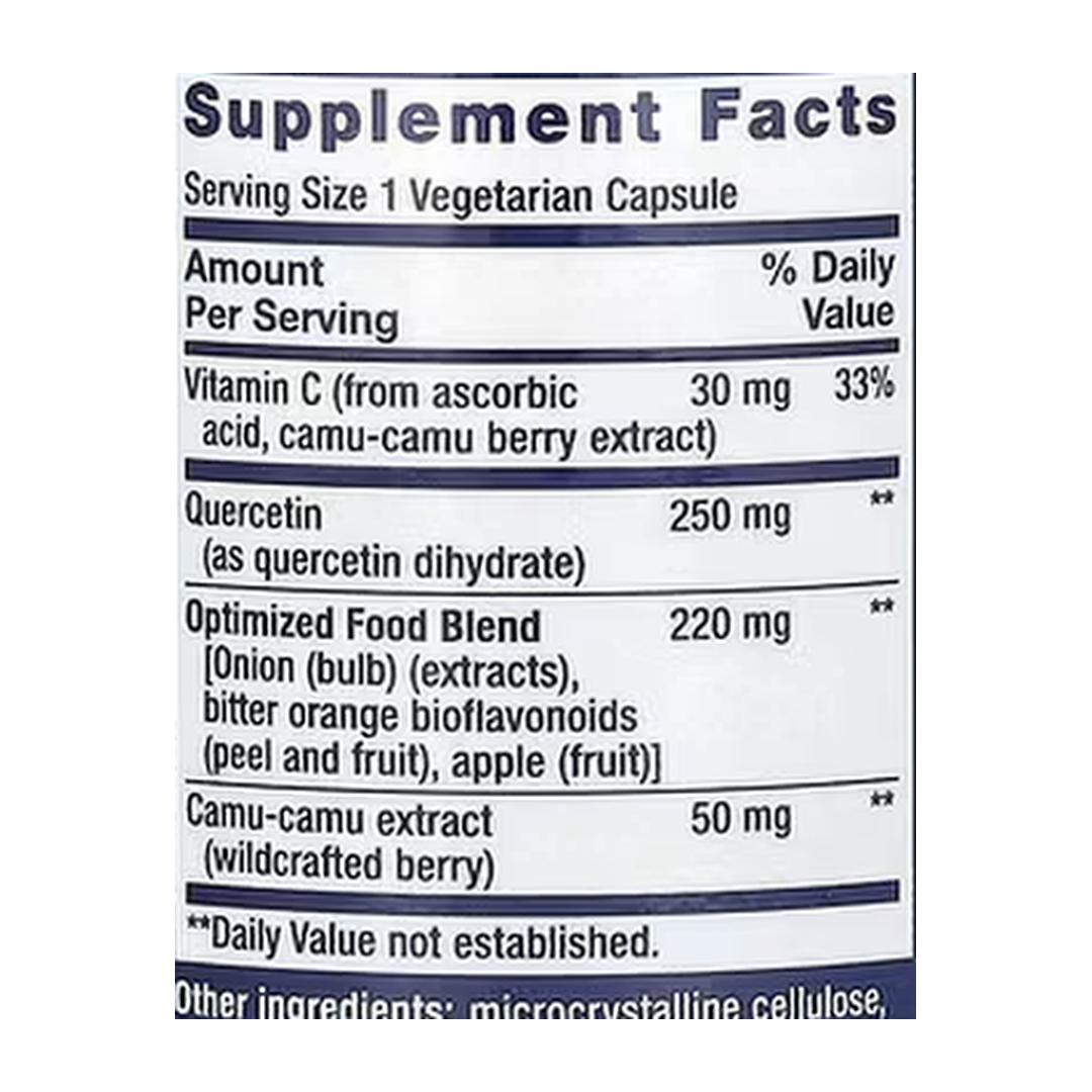 Life Extension, Optimized Quercetin, 250 mg, 60 Vegetarian Capsules supplement facts label showing ingredients, vitamins, minerals, and serving information
