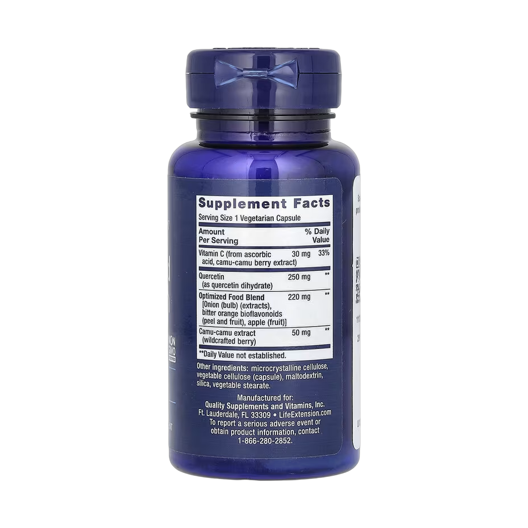 Life Extension, Optimized Quercetin, 250 mg, 60 Vegetarian Capsules back packaging view