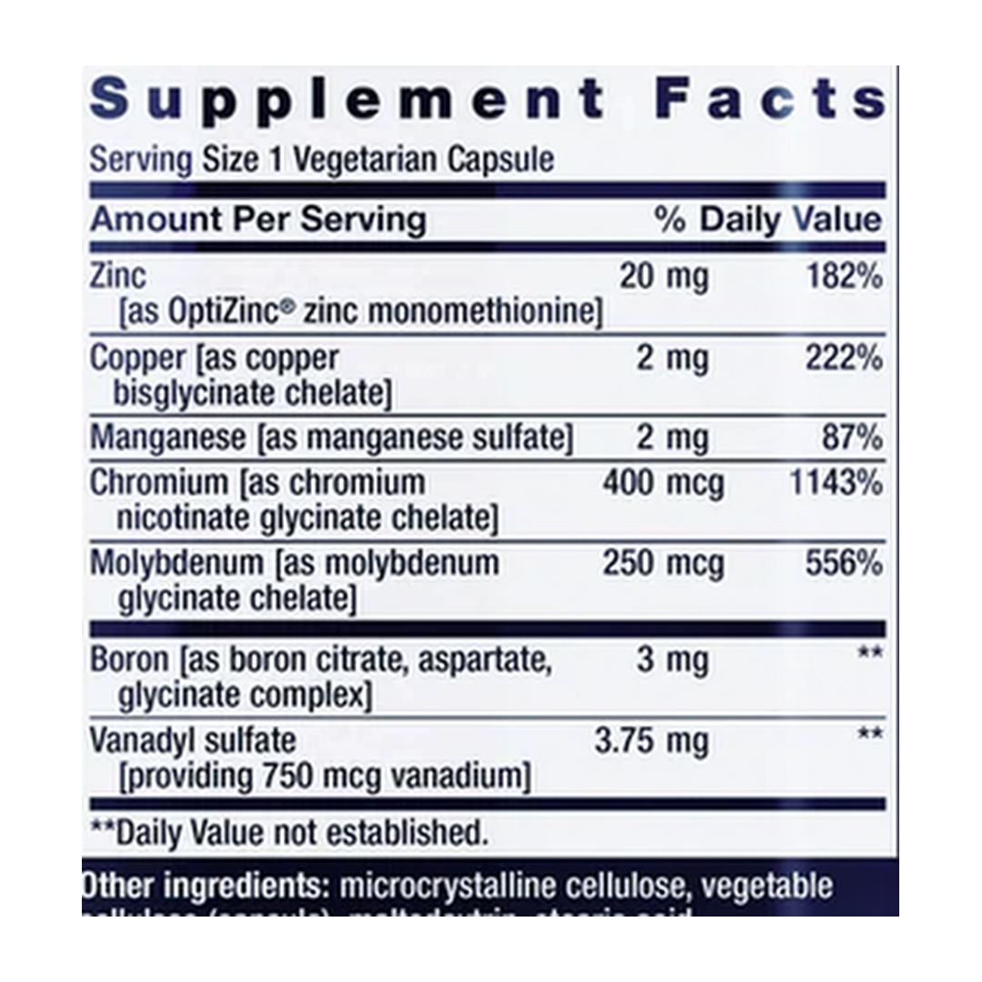 Life Extension, Only Trace Minerals, 90 Vegetarian Capsules supplement facts label showing ingredients, vitamins, minerals, and serving information