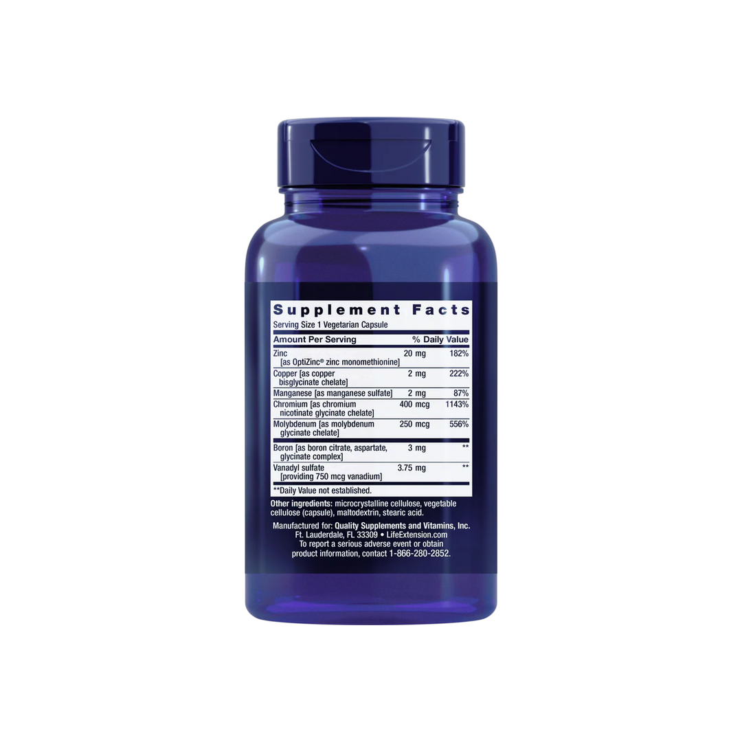 Life Extension, Only Trace Minerals, 90 Vegetarian Capsules back packaging view
