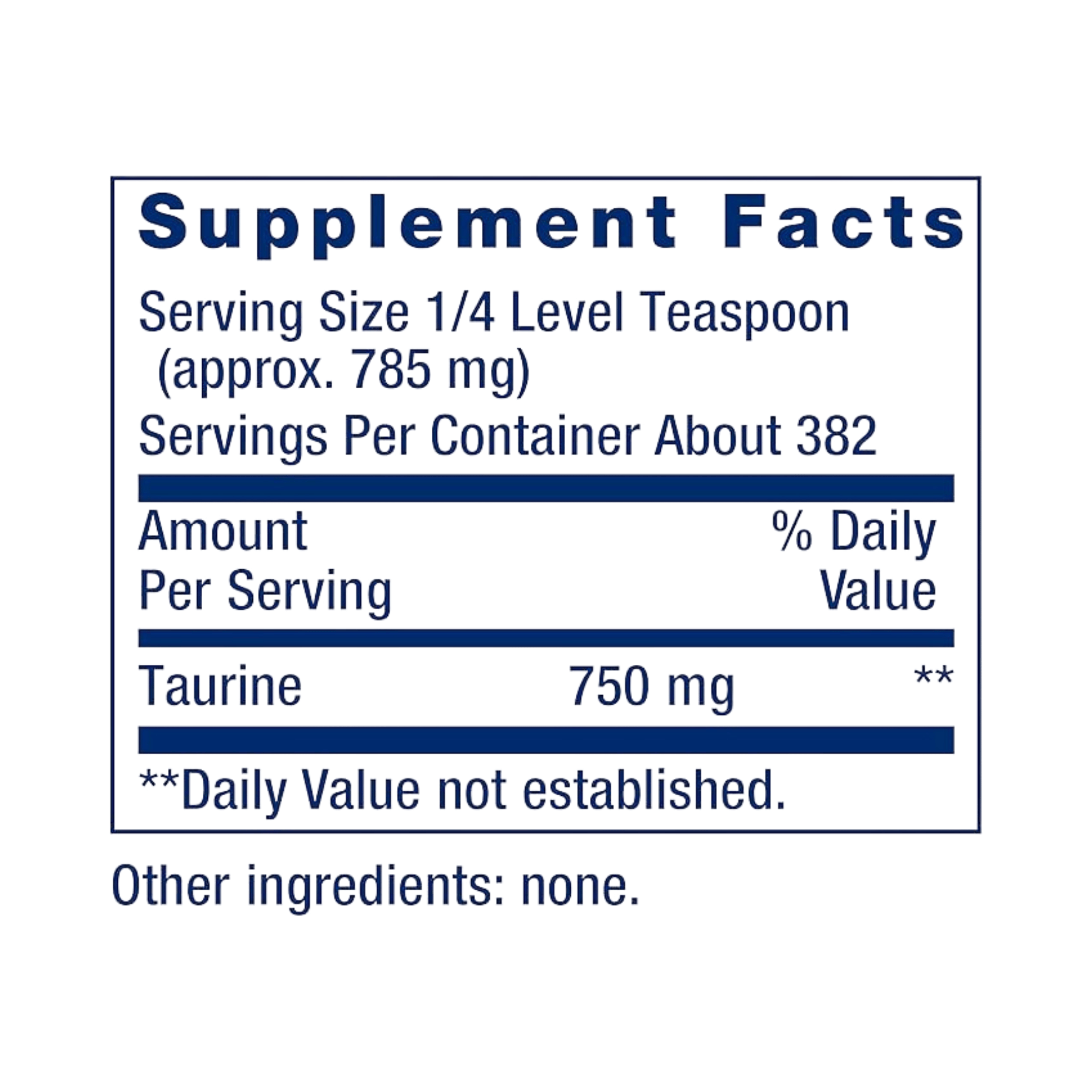 Life Extension, Taurine Powder, 10.58 oz supplement facts label showing ingredients, vitamins, minerals, and serving information
