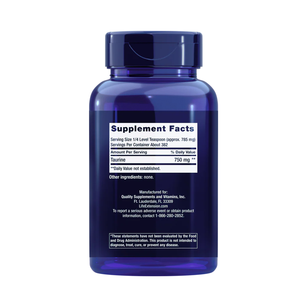 Life Extension, Taurine Powder, 10.58 oz back packaging view