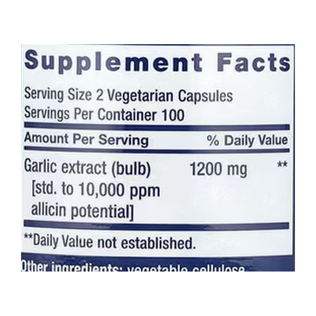 Life Extension, Optimized Garlic, 200 Vegetarian Capsules supplement facts label showing ingredients, vitamins, minerals, and serving information