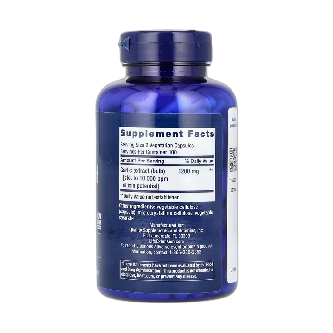 Life Extension, Optimized Garlic, 200 Vegetarian Capsules back packaging view