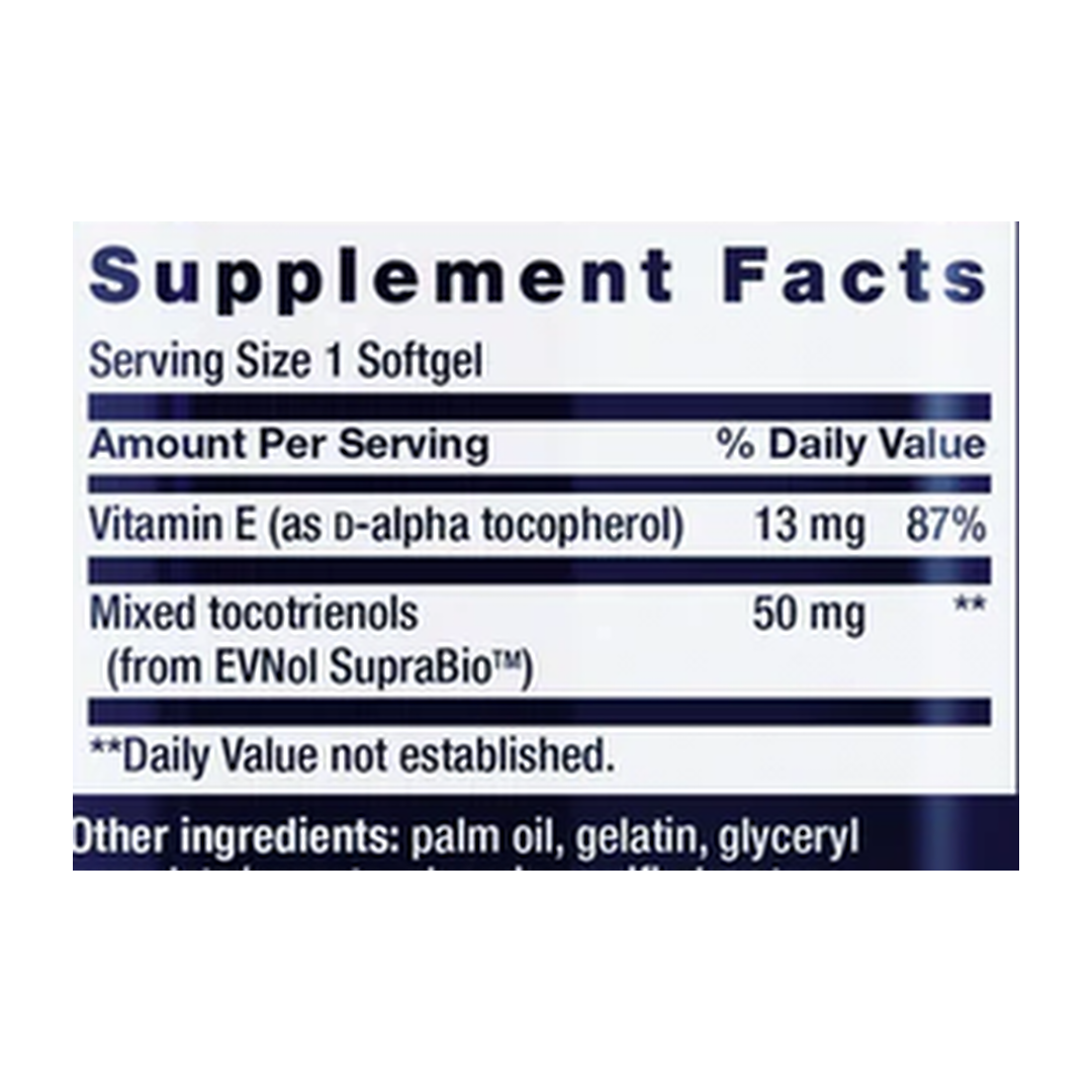 Life Extension, Super Absorbable Tocotrienols, 60 Softgels supplement facts label showing ingredients, vitamins, minerals, and serving information