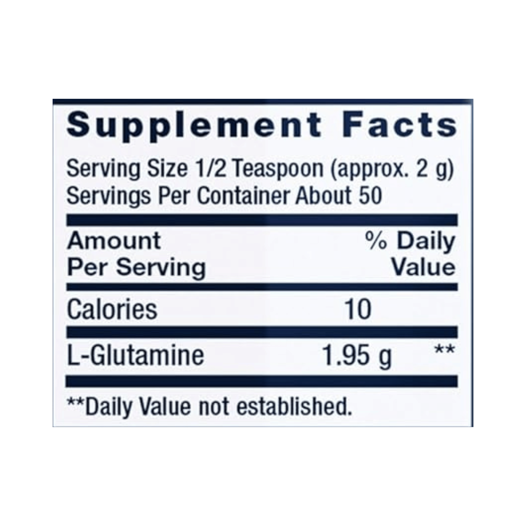 Life Extension, L-Glutamine Powder, 3.53 oz supplement facts label showing ingredients, vitamins, minerals, and serving information