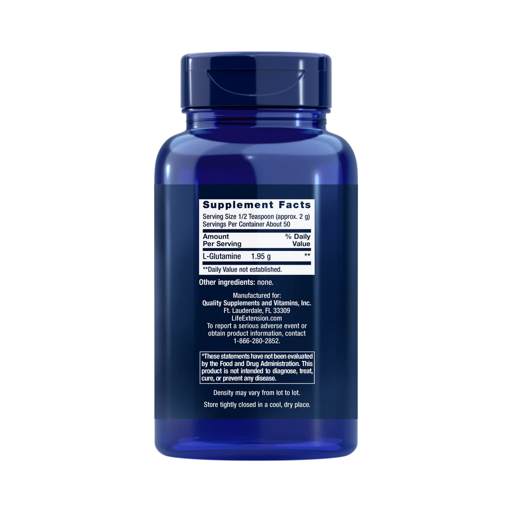 Life Extension, L-Glutamine Powder, 3.53 oz back packaging view