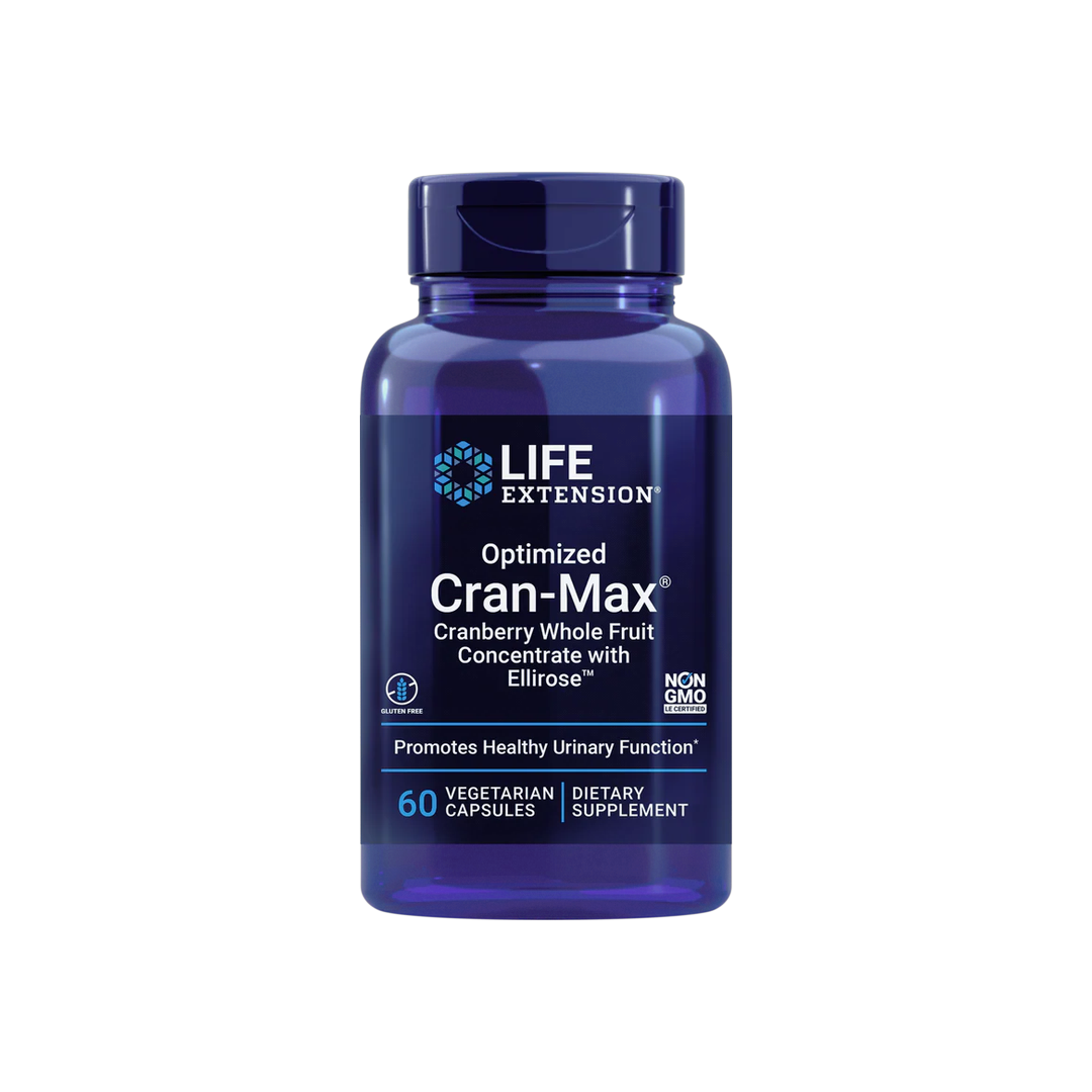 Life Extension, Optimized Cran-Max, Cranberry Whole Fruit Concentrate With Ellirose, 60 Vegetarian Capsu front packaging view