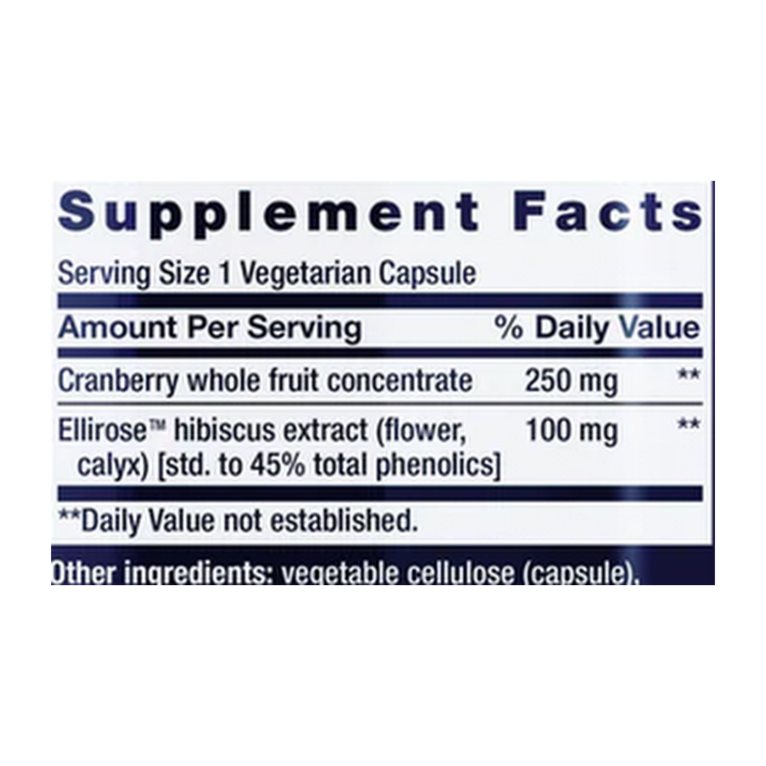 Life Extension, Optimized Cran-Max, Cranberry Whole Fruit Concentrate With Ellirose, 60 Vegetarian Capsules supplement facts label showing ingredients, vitamins, minerals, and serving information