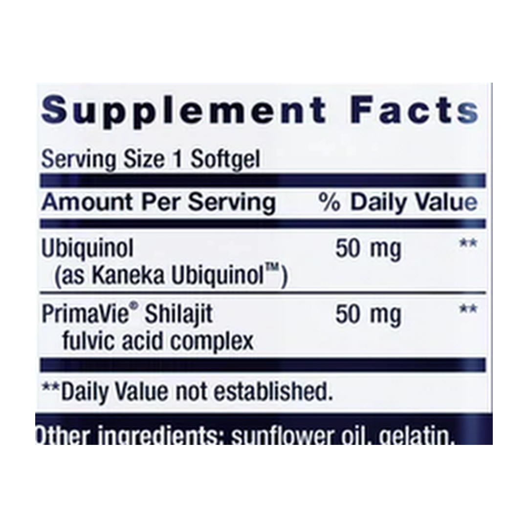 Life Extension, Super Ubiquinol CoQ10 with Enhanced Mitochondrial Support, 50 mg, 100 Softgels supplement facts label showing ingredients, vitamins, minerals, and serving information