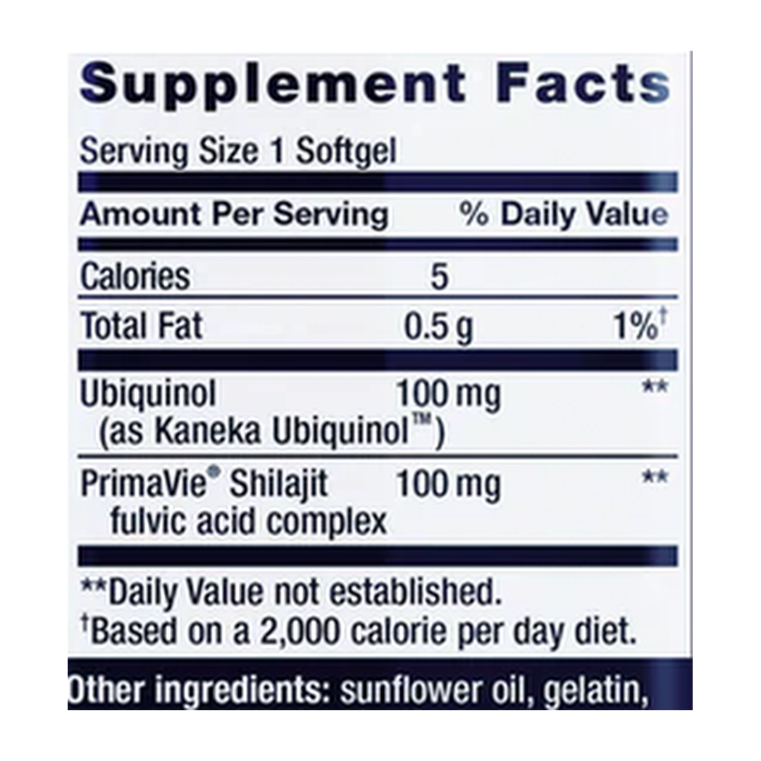 Life Extension, Super Ubiquinol CoQ10 with Enhanced Mitochondrial Support, 100 mg, 60 Softgels supplement facts label showing ingredients, vitamins, minerals, and serving information
