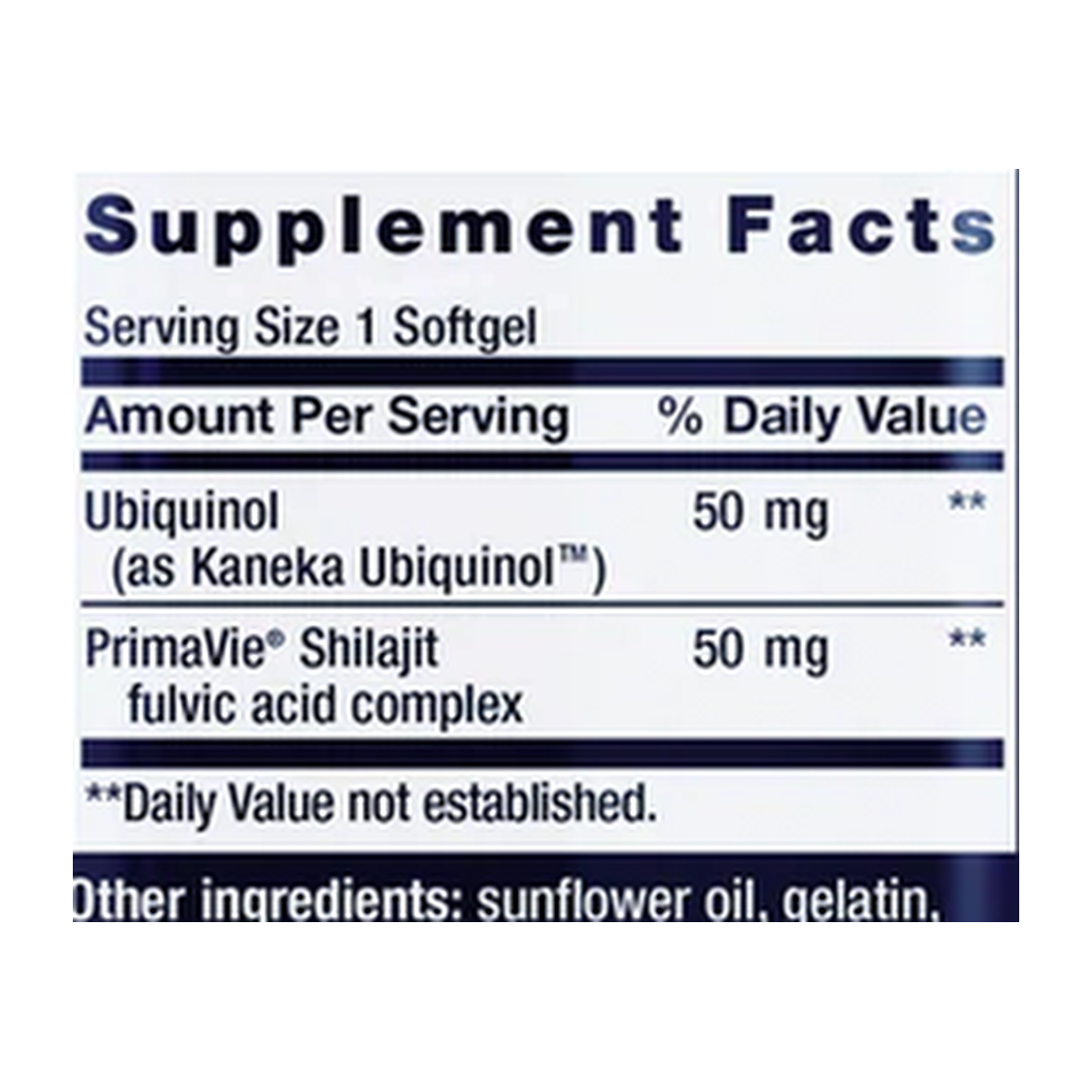 Life Extension, Super Ubiquinol CoQ10 with Enhanced Mitochondrial Support, 30 Softgels supplement facts label showing ingredients, vitamins, minerals, and serving information
