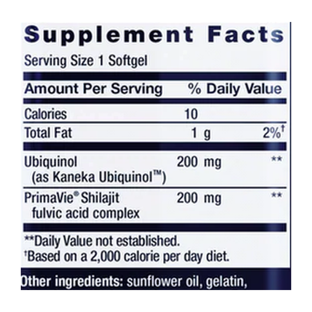 Life Extension, Super Ubiquinol CoQ10 with Enhanced Mitochondrial Support, 200 mg, 30 Softgels supplement facts label showing ingredients, vitamins, minerals, and serving information