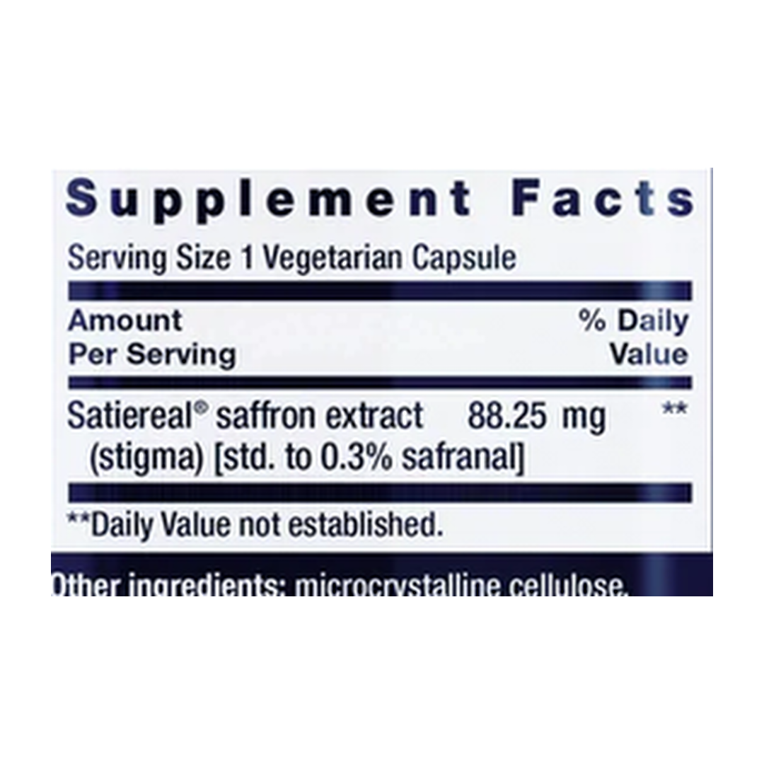 Life Extension, Optimized Saffron supplement facts label showing ingredients, vitamins, minerals, and serving information
